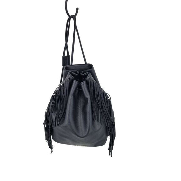 Victorias Secret Black Fringe Faux Leather Backpack Shoulder Bag Boho Biker - Picture 7 of 11
